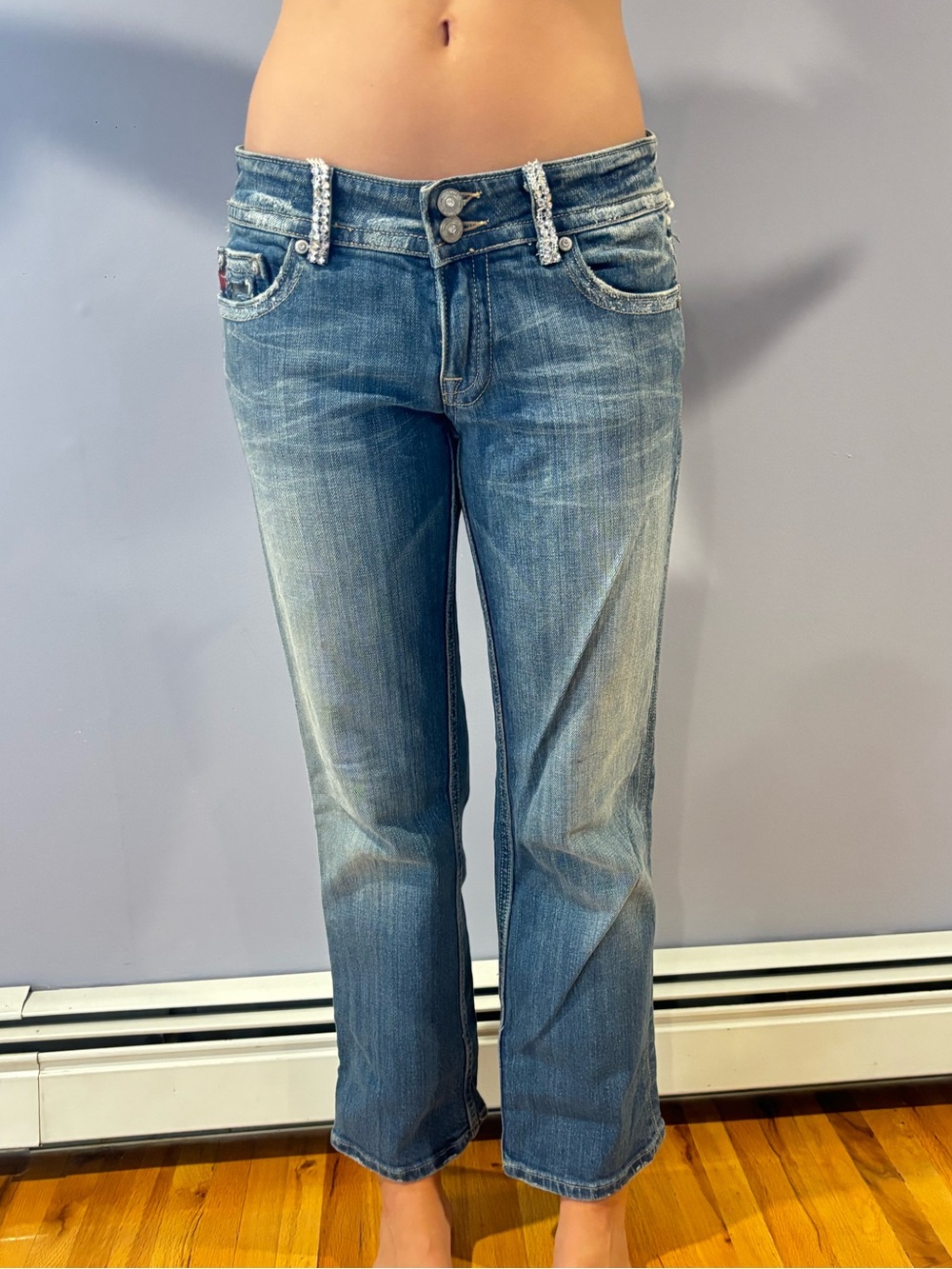 Miss Me Light Blue Straight Leg Jeans with Embellished Belt Loops